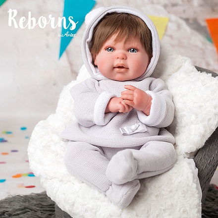 Новорождённый пупс из серии Arias ReBorns – Mauro, мягкое тело, 45 см., в светло-серой одежде, с соской и подушкой 